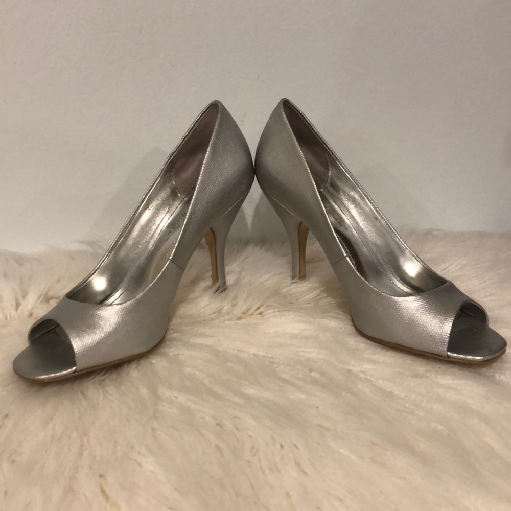 BCBGeneration Ariel Silver Peep Toe Heels